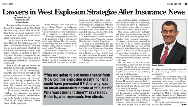 Lawyers in West Explosion Strategize After Insurance News 